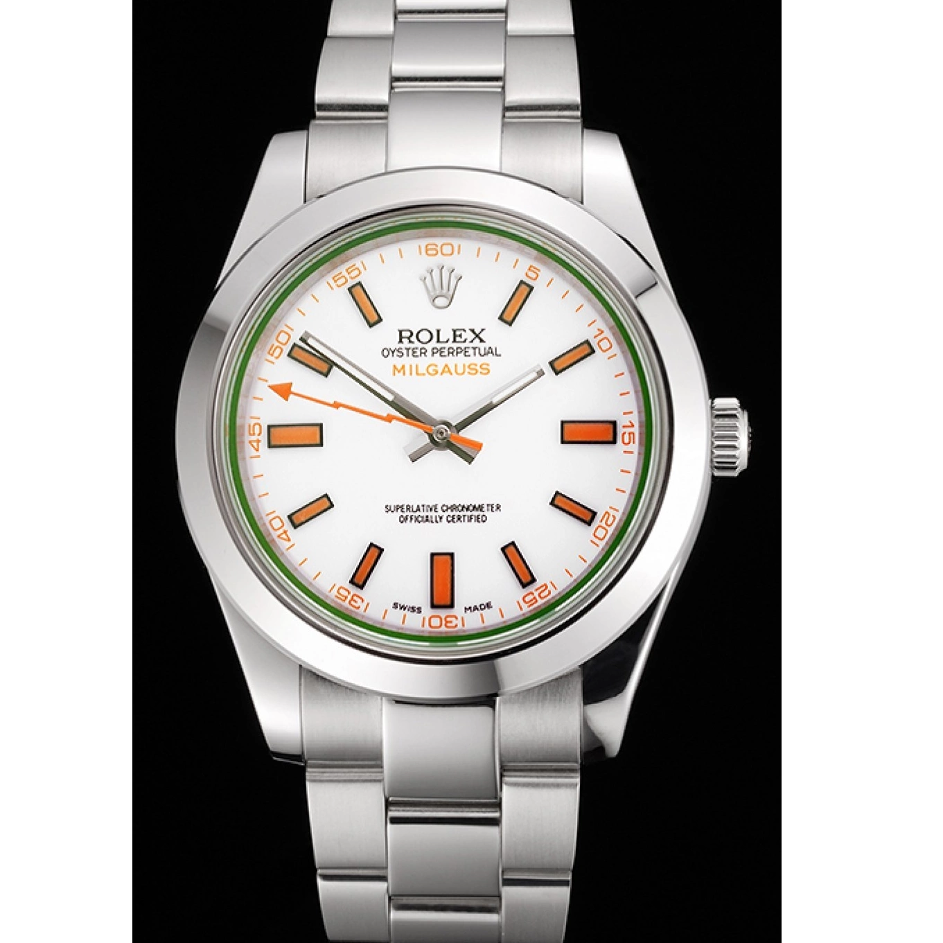 Aaa replica watch And Rolex White Stainless Bracelet Steel Markings Orange Case Dial Swiss Milgauss 0731